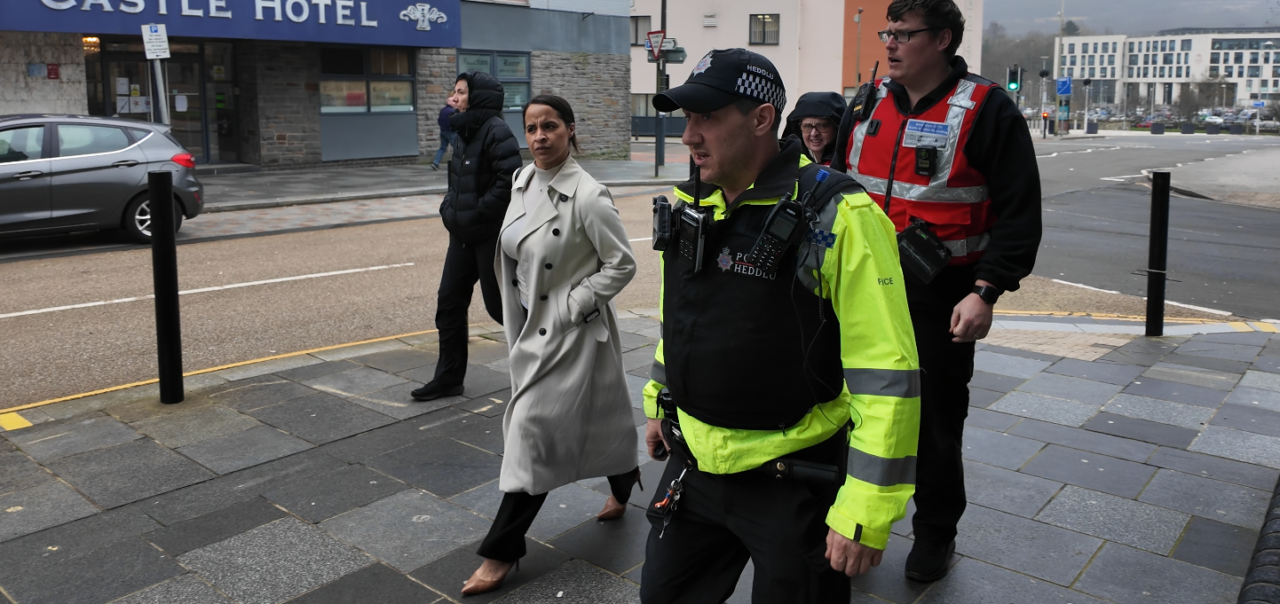 Police & Crime Commissioner, Emma Wools on a walkabout in Merthyr town centre with local officers