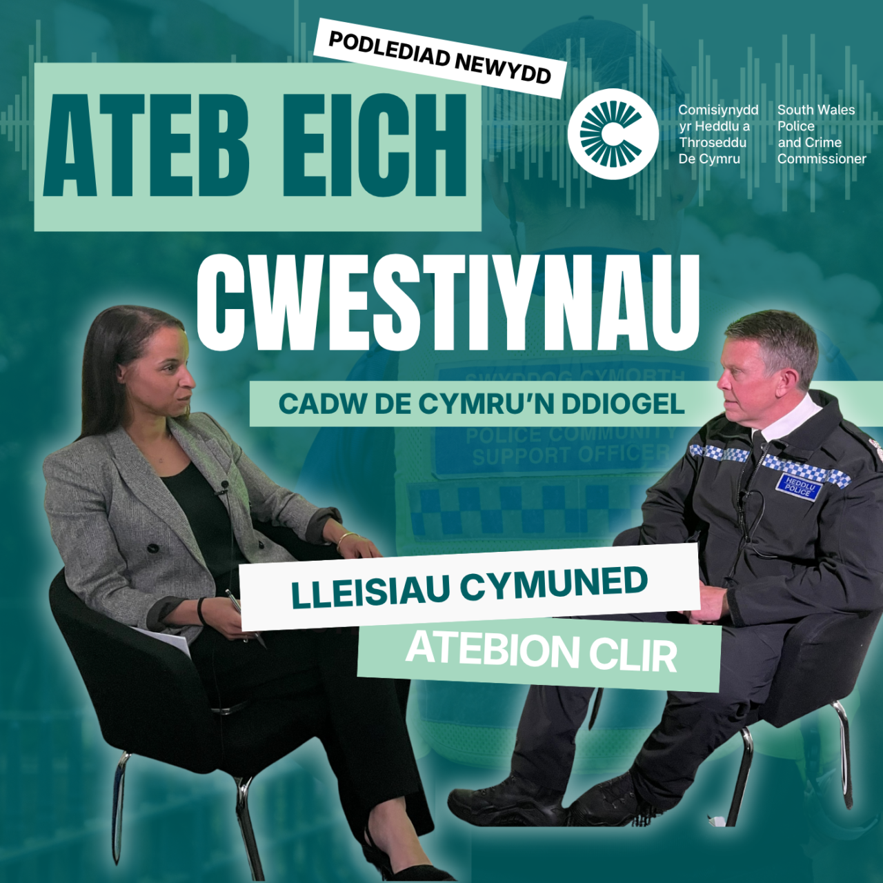 Ateb eich cwestiynau. Podcast newydd. Llun o Comisiynydd a prif gwnstabl.